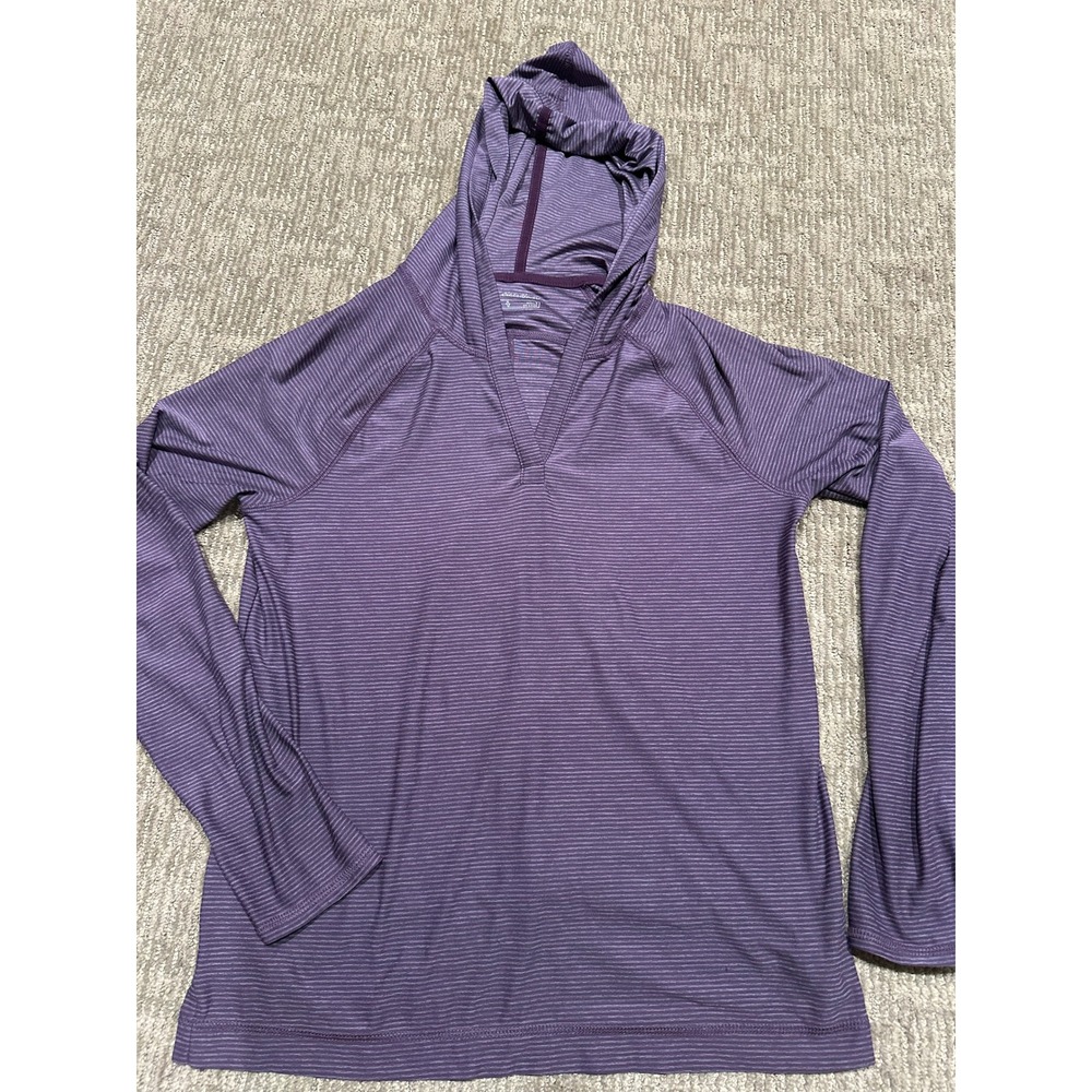 Eddie Bauer Womens Purple Striped V-Neck Activewear Hoodie Sweatshirt Size S